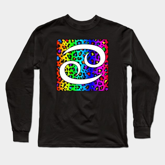 Cancer Zodiac Horoscope Rainbow Leopard Print Square Monogram Long Sleeve T-Shirt by bumblefuzzies